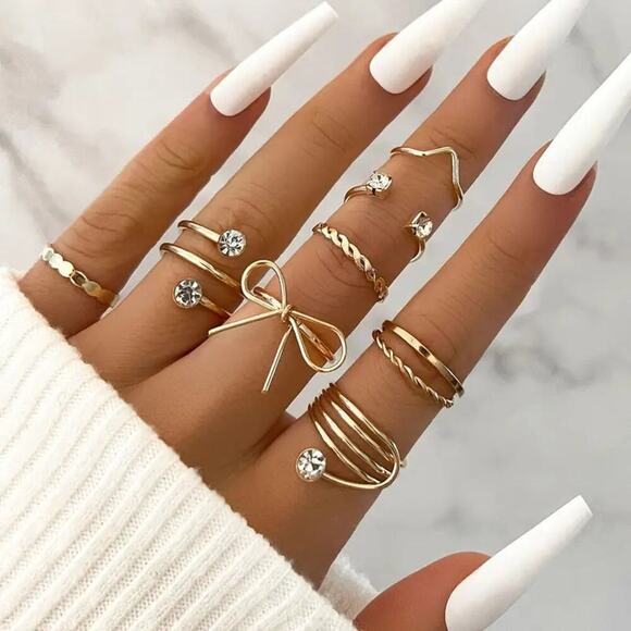 NEW 8pc Gold Ring Set – Coquette Bow, Braided & Adjustable Rings Size 6-7 - Picture 1 of 5